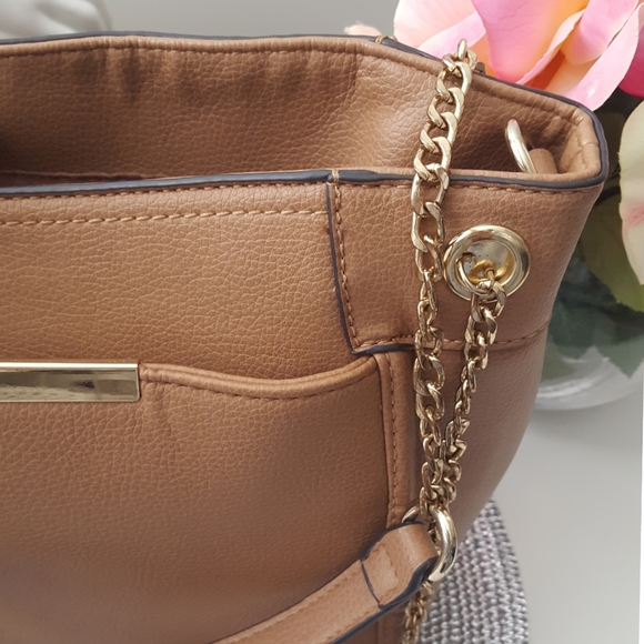 Vtg K Studio🍂Camel Brown Leather Tote shoulder Bag💛Chain Straps - Picture 5 of 15